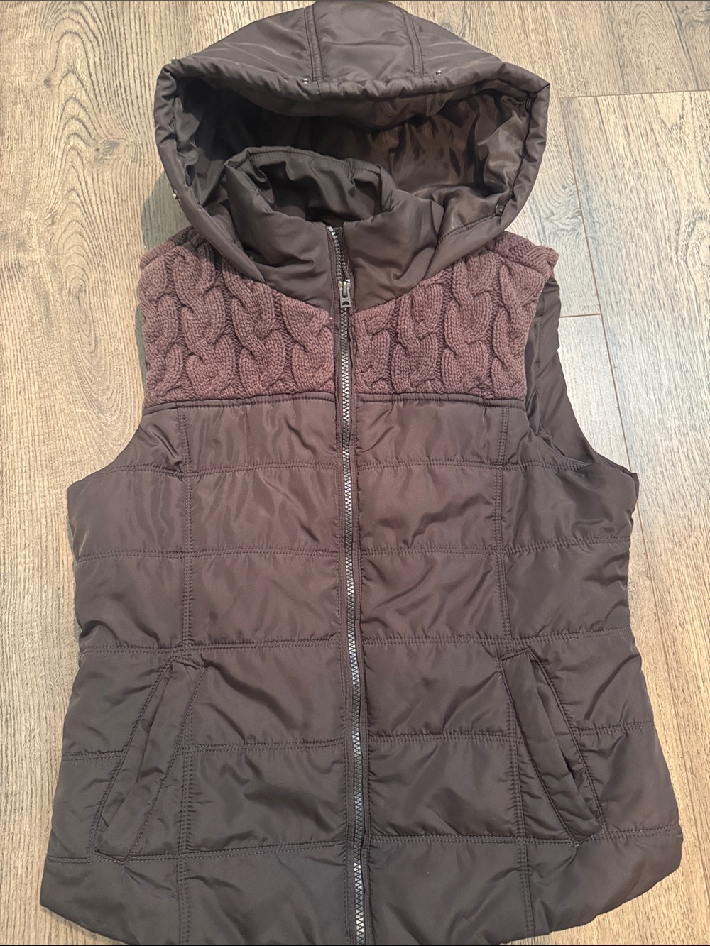 Aeropostale Brown Quilted Hooded Puffer Vest with Knit Yoke